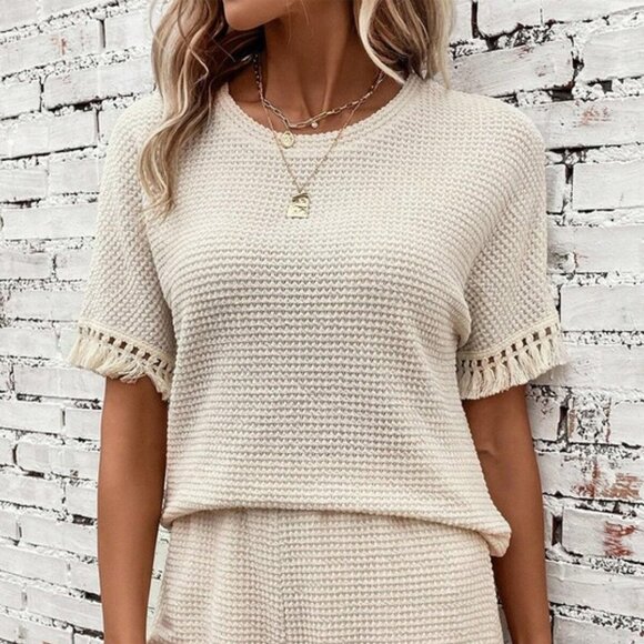 Other - NWT Beige Fringe Trim Textured Short Two Piece Set